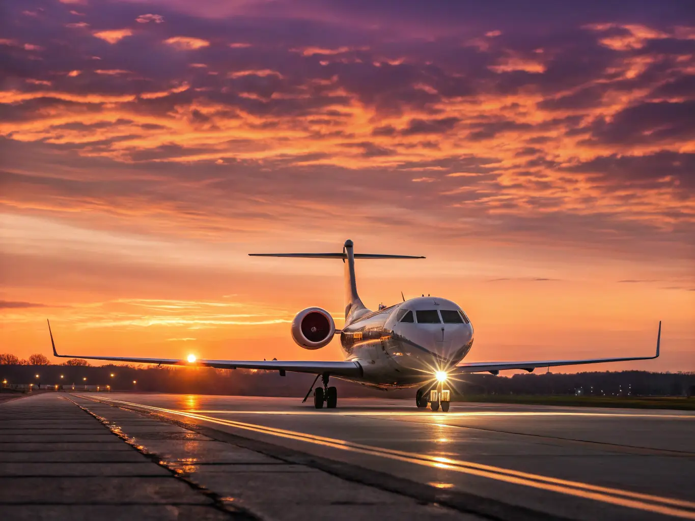An image of a sleek private jet taking off at sunset, symbolizing luxury and exclusivity.