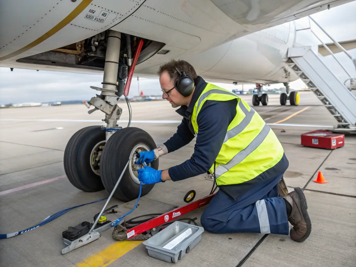 A professional team inspecting an aircraft on the tarmac, emphasizing safety and maintenance.