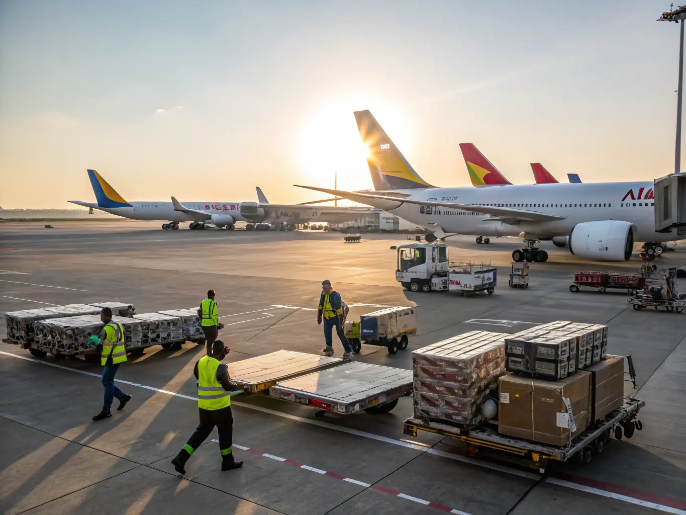 Ground support staff assisting with aircraft fueling and baggage handling.
